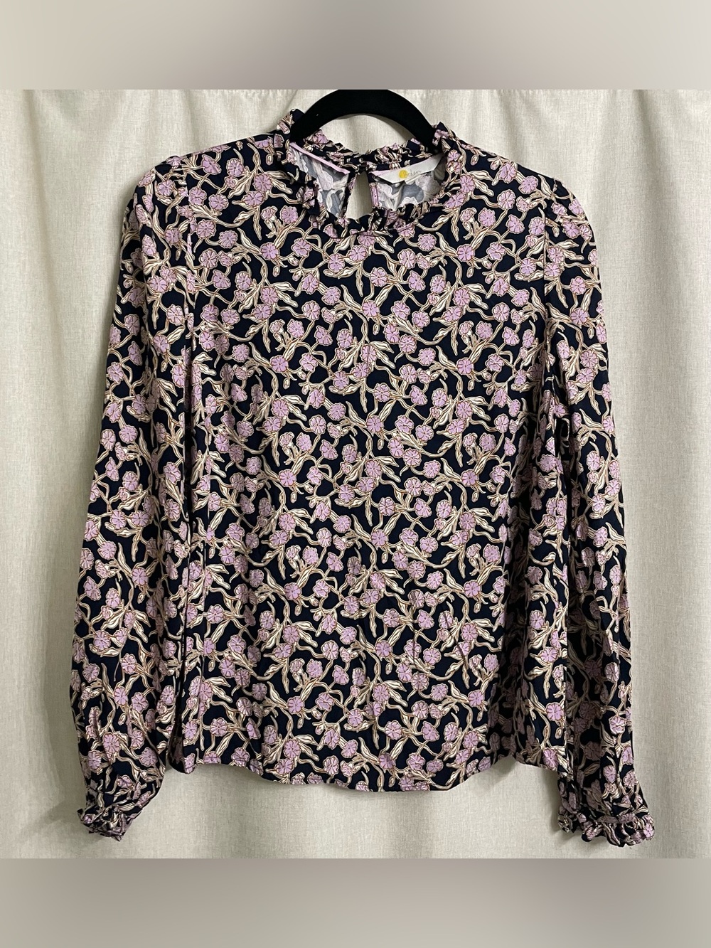 Boden T1020 Floral Ruffle Neck Blouse Navy Lilac Viscose US 10 UK 14